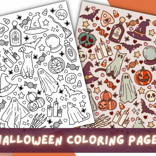 Halloween Coloring Page | Adult Coloring Page | Spooky Coloring Page | Halloween Activities | Witch Aesthetic | Digital Coloring