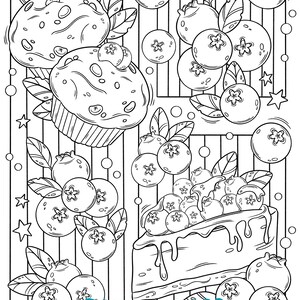 Pu&ograve; includere: Un disegno in bianco e nero di mirtilli, muffin e una cheesecake ai mirtilli. L'immagine ha la parola "BLUEBERRY" scritta in grassetto, in lettere blu in basso.