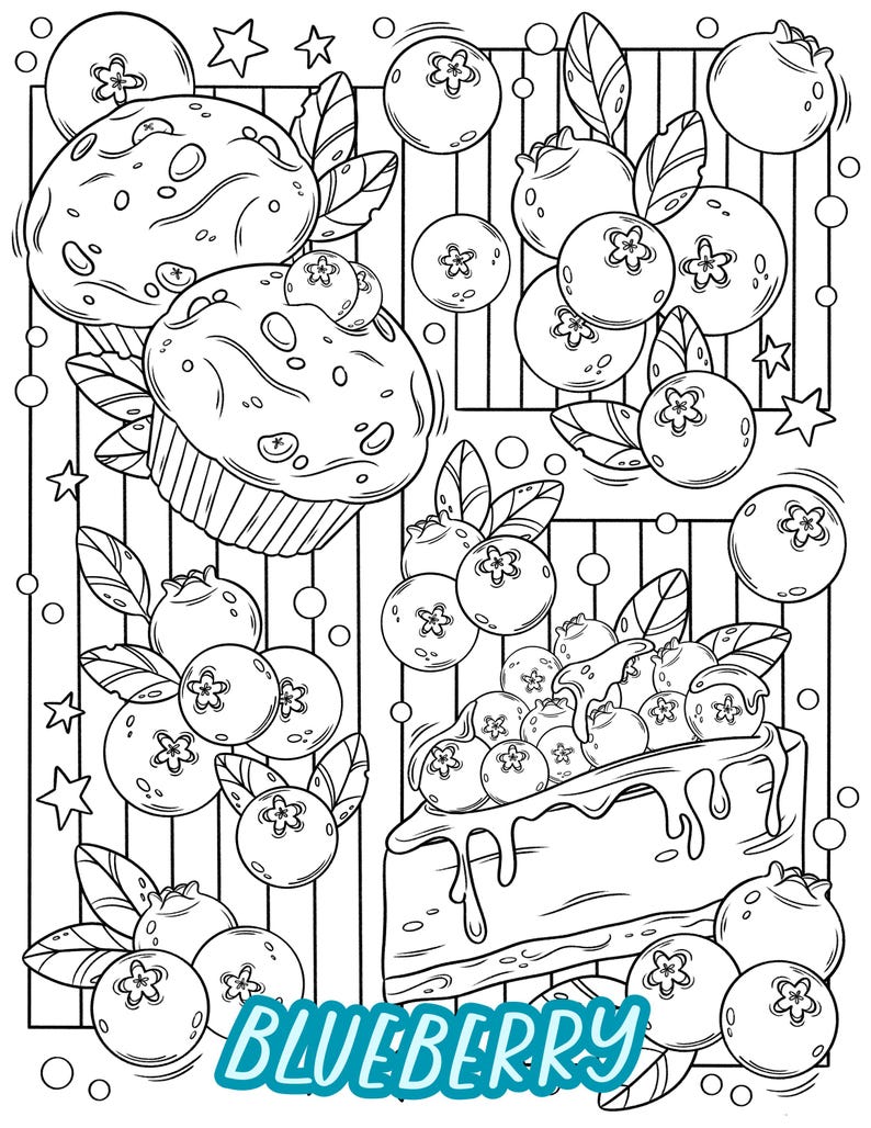 Pu&ograve; includere: Un disegno in bianco e nero di mirtilli, muffin e una cheesecake ai mirtilli. L'immagine ha la parola "BLUEBERRY" scritta in grassetto, in lettere blu in basso.