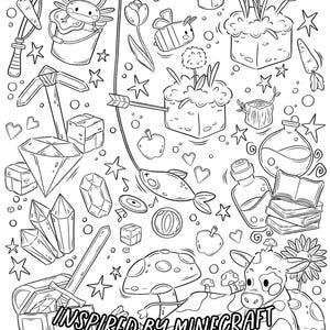May include: Black and white line art illustration of various Minecraft themed items, including a cow, a mushroom, a fish, a bee, a chest, a pickaxe, a sword, a diamond, a book, a potion, a carrot, an apple, a record, a flower, a heart, a star, and the text "Inspired by Minecraft".
