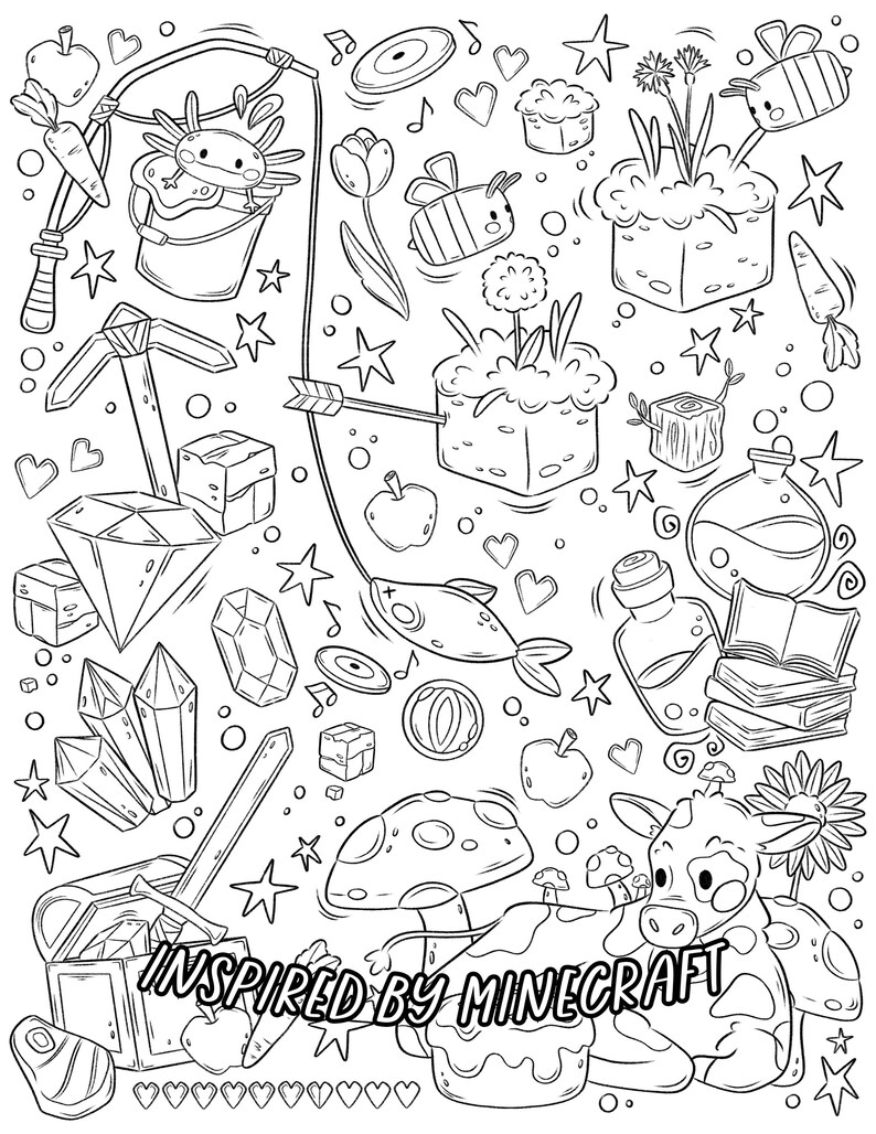 May include: Black and white line art illustration of various Minecraft themed items, including a cow, a mushroom, a fish, a bee, a chest, a pickaxe, a sword, a diamond, a book, a potion, a carrot, an apple, a record, a flower, a heart, a star, and the text "Inspired by Minecraft".