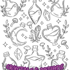 May include: Black and white line art illustration of various potion bottles, crystals, and mushrooms. The text "Crystals & Potions" is written in a purple box at the bottom of the image.