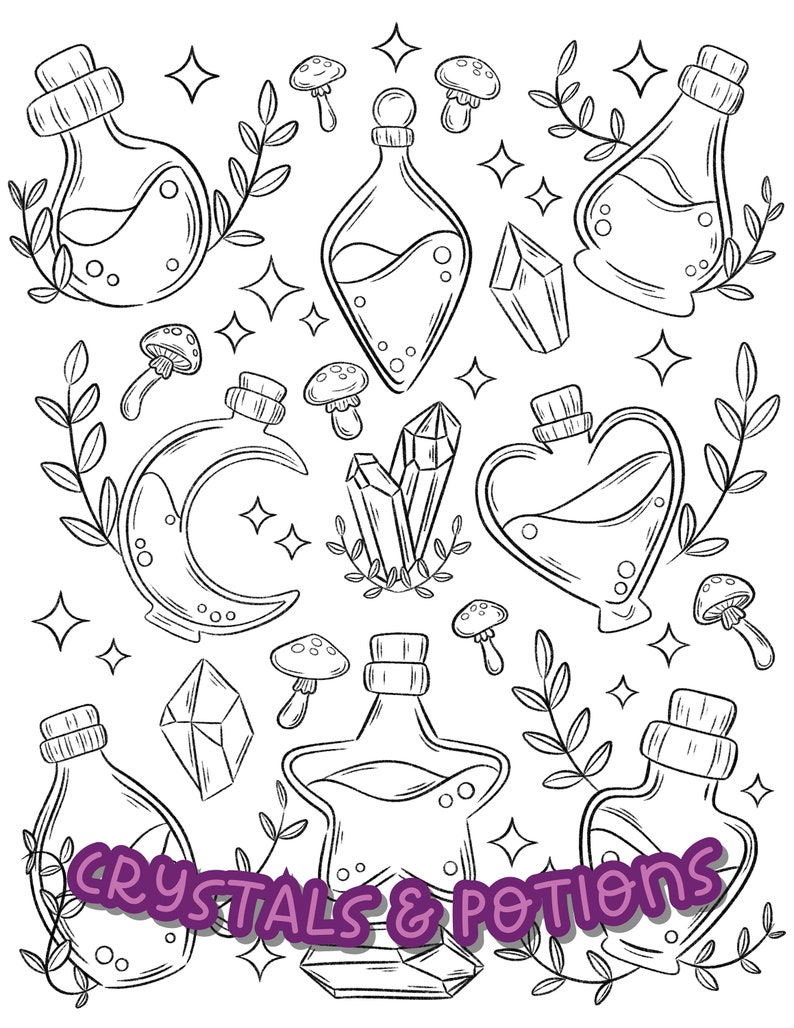 May include: Black and white line art illustration of various potion bottles, crystals, and mushrooms. The text "Crystals & Potions" is written in a purple box at the bottom of the image.