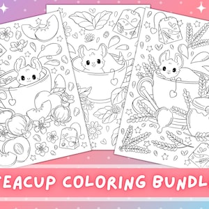 Teacup Kawaii Coloring Pages | Cute Printable Coloring Book | Kawaii Adult Coloring Pages | Digital Download Coloring Pages