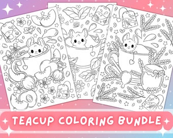 Coloriages de souris en tasse de thé | Livre de coloriage imprimable kawaii (téléchargement numérique)