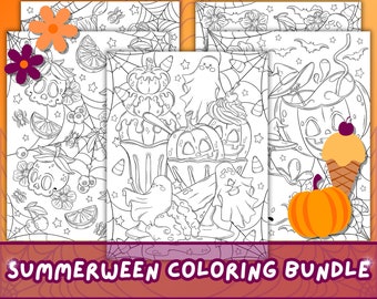 May include: A colouring book bundle featuring four black and white illustrations with a summer and Halloween theme. The illustrations include a pumpkin ice cream cone, a ghost, a pumpkin with a witch's hat, and a pumpkin with a spider web.