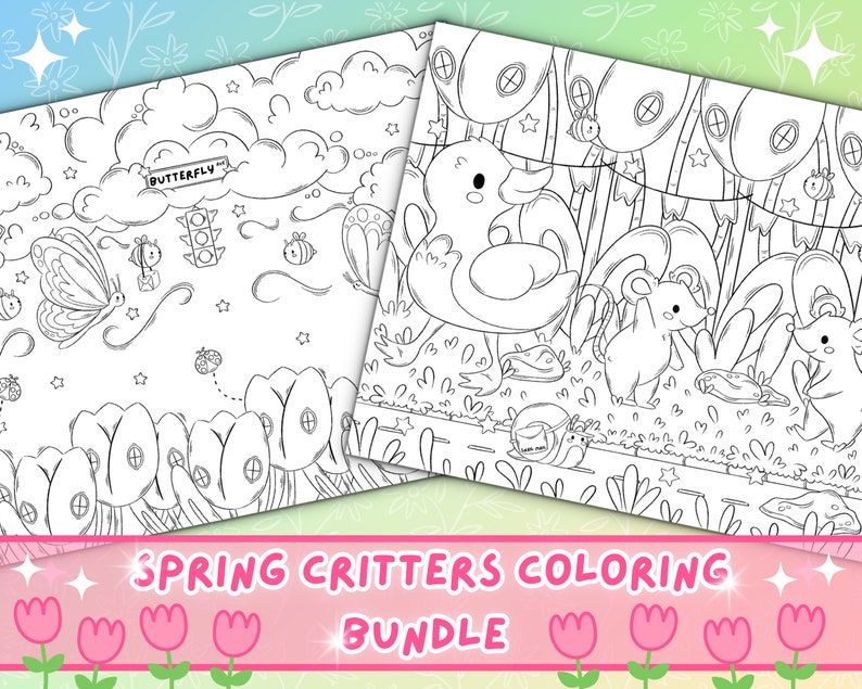 Cute Spring Critters Coloring Pages | Kawaii Art (Digital Download) image 1