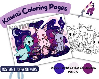 May include: A digital coloring page featuring a cute dragon, a bunny, and a bird enjoying tea party under a starry night sky. The page is perfect for adults and children who enjoy coloring.