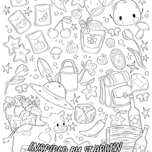 May include: A black and white line drawing of various objects inspired by the video game Stardew Valley. The drawing includes a cow, a watering can, a backpack, a jar of honey, a carrot, a mushroom, a star, a flower, a butterfly, a glass of water, a cherry, a seashell, a gem, a hat, a basket of fruit, a chili pepper, a wine bottle, a barrel, a bird, and a sign that says "It's getting late..."