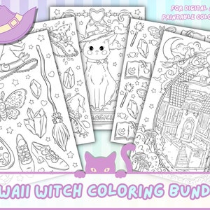 Kawaii Witch Coloring Bundle | Witchy Aesthetic Adult Coloring Pages | Cute Pastel Goth Witch  Coloring Pages | Kawaii Tarot Card Print