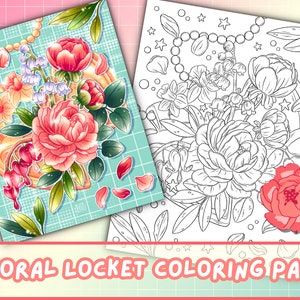 Puede incluir: Una página para colorear que presenta un medallón floral con un diseño floral rosa, blanco y verde. El medallón está rodeado de estrellas, corazones y otros elementos decorativos. La imagen está en blanco y negro, lista para ser coloreada.