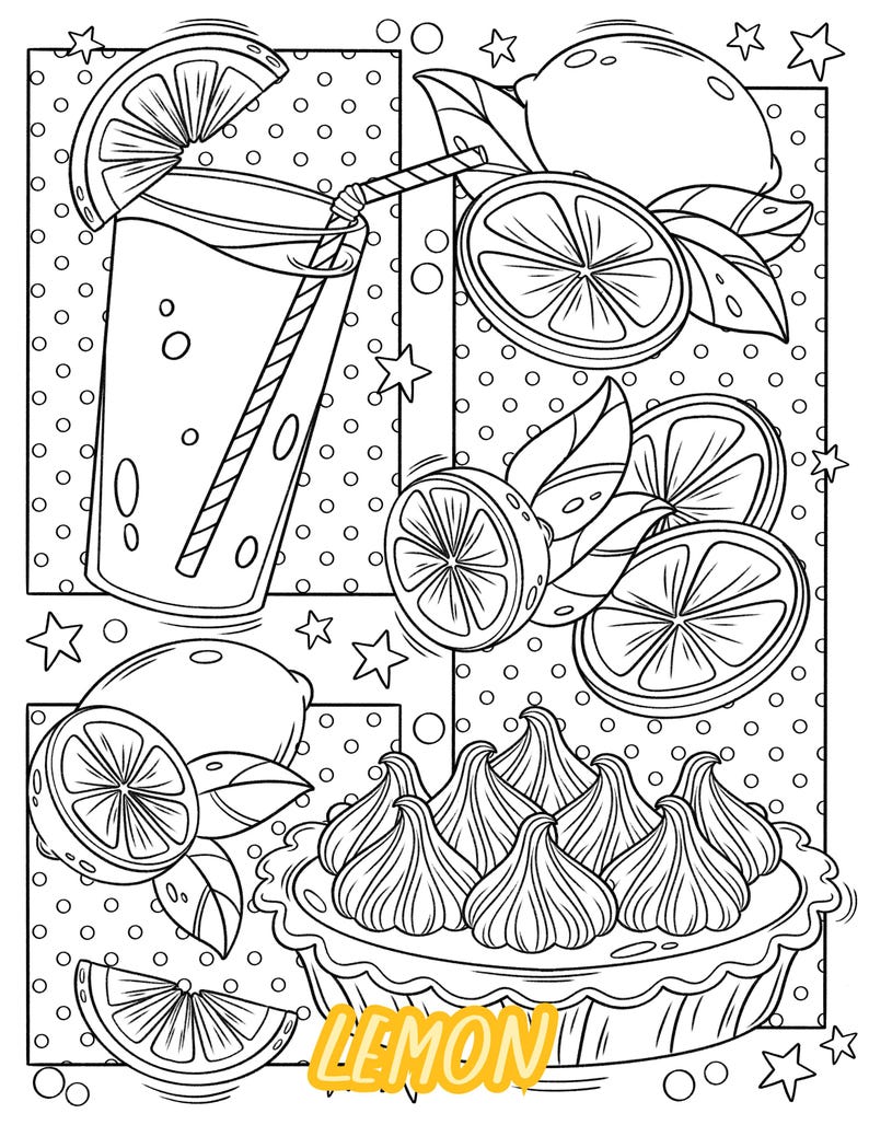 Pu&ograve; includere: Un disegno in bianco e nero di una pagina da colorare a tema limone. L'immagine presenta un bicchiere di limonata, una torta al limone e limoni con foglie. Il testo "LEMON" &egrave; scritto in giallo nella parte inferiore della pagina.