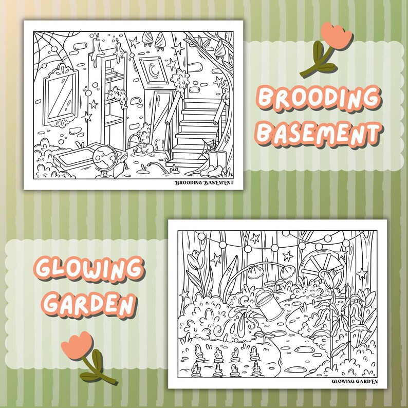 May include: Two black and white coloring pages with the text "Brooding Basement" and "Glowing Garden". The top image depicts a basement scene with stairs, a mirror, and a globe. The bottom image shows a garden with flowers and a watering can.