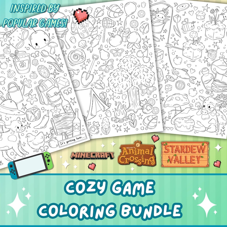 May include: A coloring book bundle featuring three popular video games: Minecraft, Animal Crossing, and Stardew Valley. Each page is filled with black and white illustrations of characters, items, and locations from the games. The bundle is titled "Cozy Game Coloring Bundle".