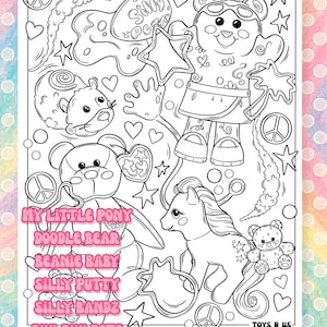 Puede incluir: P&aacute;gina para colorear en blanco y negro con varios personajes de dibujos animados y juguetes, incluyendo un oso, un pony y un h&aacute;mster. La p&aacute;gina incluye el texto "My Little Pony", "Doodle Bear", "Beanie Baby", "Silly Putty", "Silly Bandz", "Zhu Zhu Pets" y "Magic Twisty Worm".