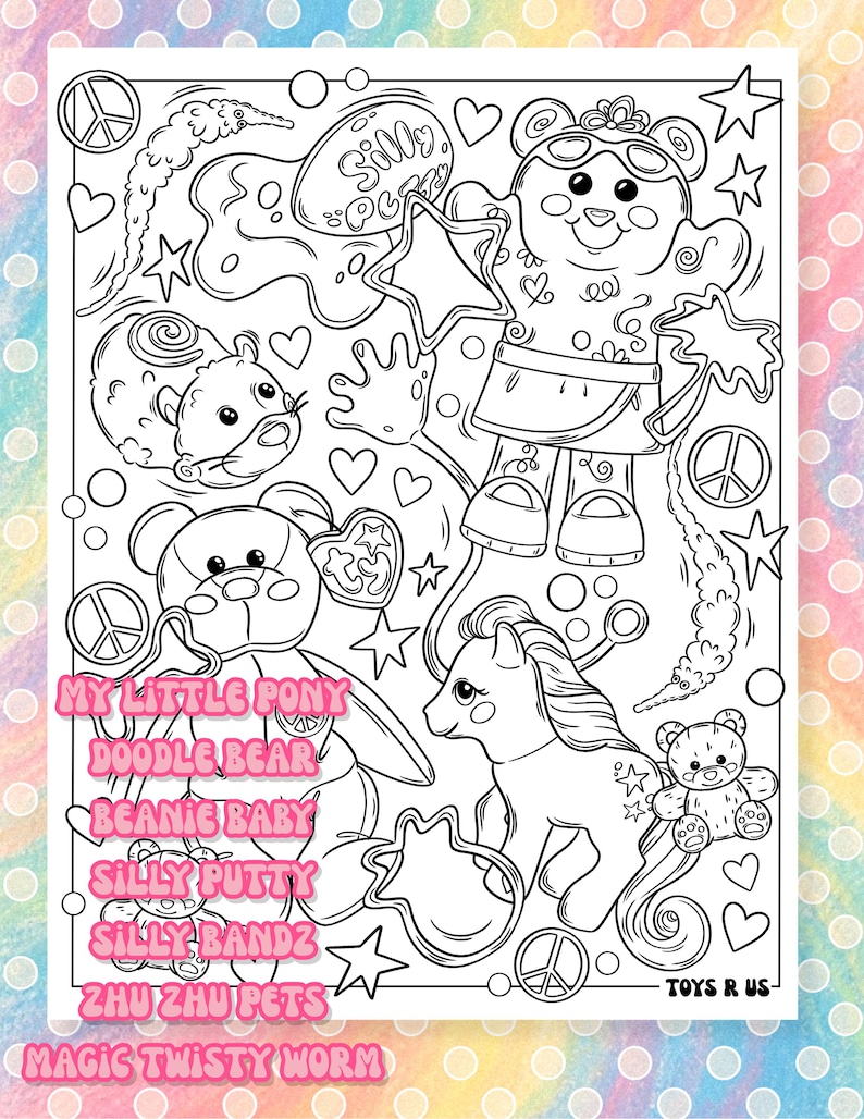 Puede incluir: P&aacute;gina para colorear en blanco y negro con varios personajes de dibujos animados y juguetes, incluyendo un oso, un pony y un h&aacute;mster. La p&aacute;gina incluye el texto "My Little Pony", "Doodle Bear", "Beanie Baby", "Silly Putty", "Silly Bandz", "Zhu Zhu Pets" y "Magic Twisty Worm".