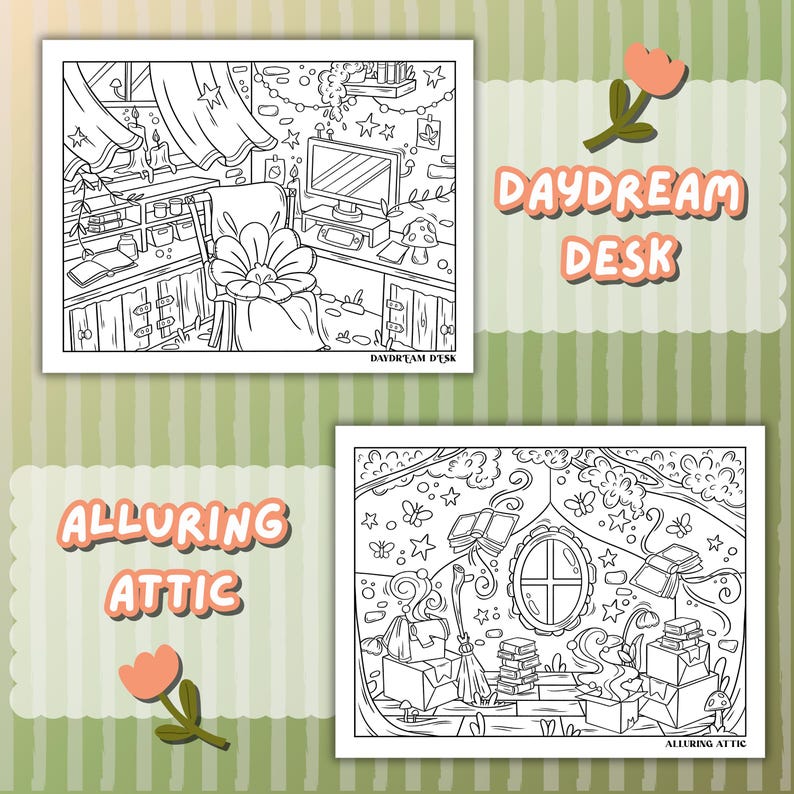 May include: Two black and white coloring pages with the text "DAYDREAM DESK" and "ALLURING ATTIC". The top image depicts a desk scene with a computer, chair, and curtains. The bottom image shows an attic scene with books and a broom.
