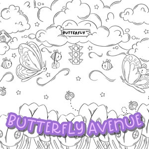 May include: Black and white line art illustration of a whimsical scene with butterflies, clouds, stars, and a sign that reads "Butterfly Ave.". The bottom of the image features a row of stylized tulips.