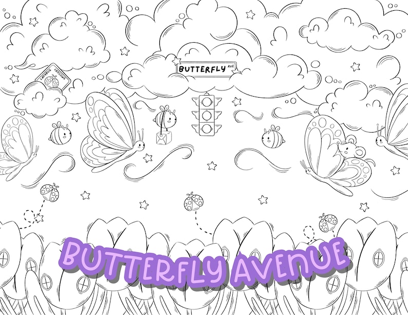 May include: Black and white line art illustration of a whimsical scene with butterflies, clouds, stars, and a sign that reads "Butterfly Ave.". The bottom of the image features a row of stylized tulips.