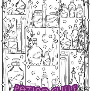 May include: A black and white line drawing of a potion shelf with various bottles, jars, and candles. The shelf is decorated with stars and vines. The text "POTION SHELF" is written in a bold, stylized font at the bottom of the image.