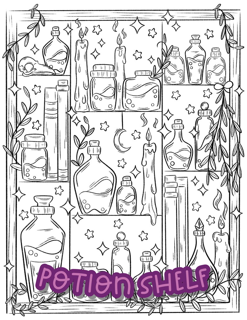 May include: A black and white line drawing of a potion shelf with various bottles, jars, and candles. The shelf is decorated with stars and vines. The text "POTION SHELF" is written in a bold, stylized font at the bottom of the image.