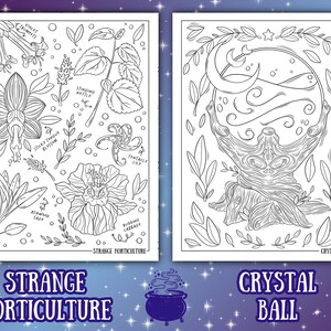 May include: Two black and white illustrations. The left image features botanical drawings labeled with plant names like "Sticky Tongue Blossom" and "Ashwood Sage." The right image depicts a crystal ball with a crescent moon and swirling patterns. Text at the bottom reads "Strange Horticulture" and "Crystal Ball."