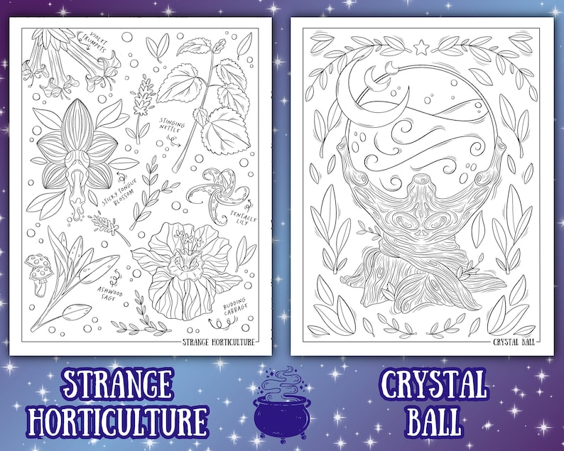 May include: Two black and white illustrations. The left image features botanical drawings labeled with plant names like "Sticky Tongue Blossom" and "Ashwood Sage." The right image depicts a crystal ball with a crescent moon and swirling patterns. Text at the bottom reads "Strange Horticulture" and "Crystal Ball."