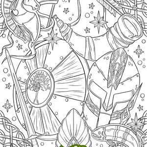 May include: A black and white line drawing of a shield, sword, helmet, horn, fish, and other Viking-themed imagery. The word "MEN" is written in green at the bottom of the image.