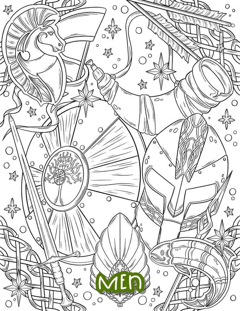 May include: A black and white line drawing of a shield, sword, helmet, horn, fish, and other Viking-themed imagery. The word "MEN" is written in green at the bottom of the image.
