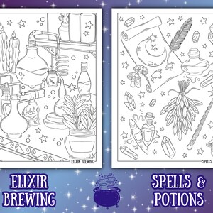 May include: Two black and white coloring pages with a magical theme. One page features potion-making equipment, including beakers and candles. The other page shows spells and potions, with a wand, crystals, and a scroll. The text reads "Elixir Brewing" and "Spells & Potions."