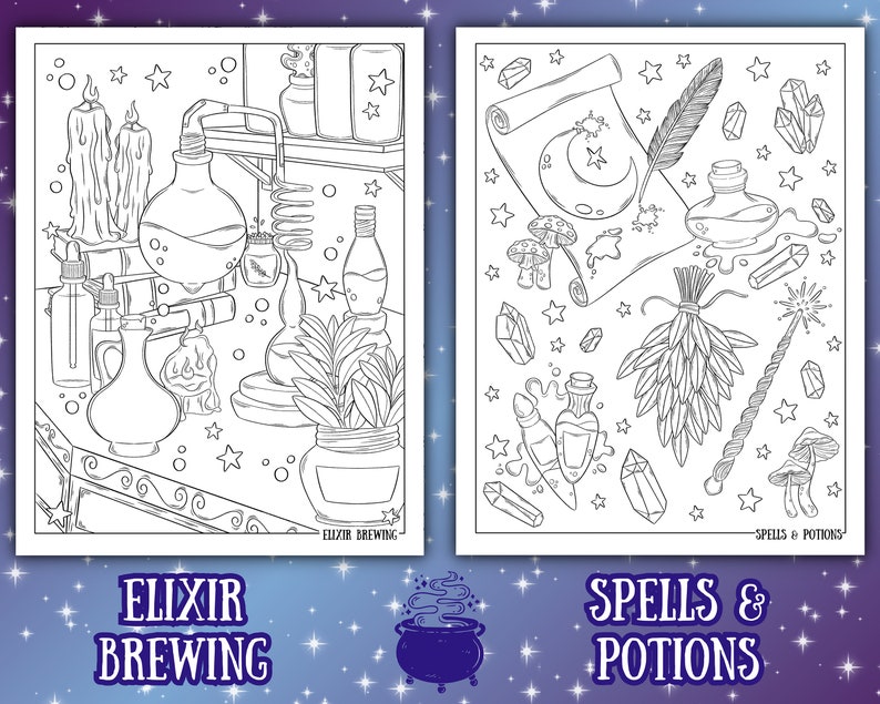 May include: Two black and white coloring pages with a magical theme. One page features potion-making equipment, including beakers and candles. The other page shows spells and potions, with a wand, crystals, and a scroll. The text reads "Elixir Brewing" and "Spells & Potions."