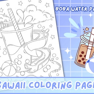 Boba Water Park Coloring Page | Printable Kawaii Coloring Page | Cute Coloring Page for Summer