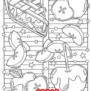 Pu&ograve; includere: Un disegno in bianco e nero di una torta di mele, mele e fette di mela. La parola "APPLE" &egrave; scritta in lettere rosse nella parte inferiore dell'immagine.