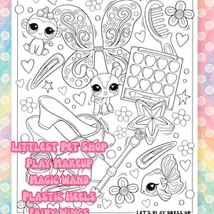 Puede incluir: P&aacute;gina para colorear en blanco y negro con varios juguetes y accesorios. Incluye un mono, un ciervo, alas de mariposa, un peine, una paleta de maquillaje, una varita m&aacute;gica, tacones altos, un pez y el texto "Littlest Pet Shop, Play Makeup, Magic Wand, Plastic Heels, Fairy Wings, Keychain Lip Gloss, Let's Play Dress Up."