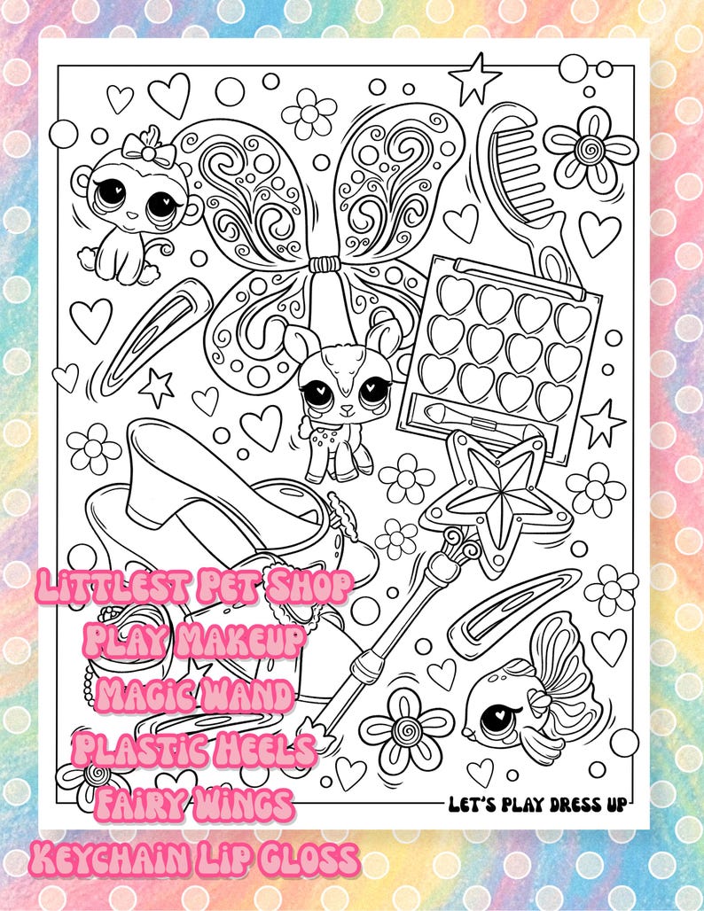 Puede incluir: P&aacute;gina para colorear en blanco y negro con varios juguetes y accesorios. Incluye un mono, un ciervo, alas de mariposa, un peine, una paleta de maquillaje, una varita m&aacute;gica, tacones altos, un pez y el texto "Littlest Pet Shop, Play Makeup, Magic Wand, Plastic Heels, Fairy Wings, Keychain Lip Gloss, Let's Play Dress Up."
