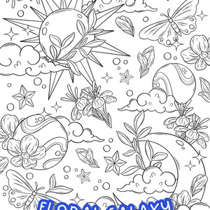 May include: A black and white line drawing of a floral galaxy with a sun, moon, stars, butterflies, and clouds. The text "FLORAL GALAXY" is written in blue letters.