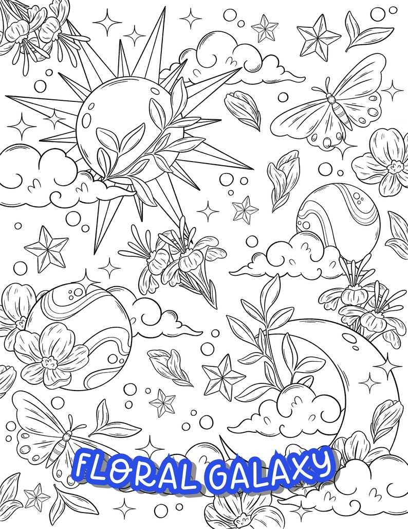 May include: A black and white line drawing of a floral galaxy with a sun, moon, stars, butterflies, and clouds. The text "FLORAL GALAXY" is written in blue letters.
