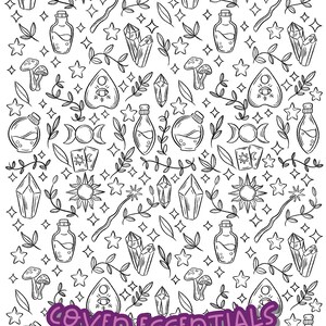May include: Black and white line art illustration of various witchy items, including crystals, potion bottles, stars, moons, and a pentagram. The text "Coven Essentials" is at the bottom of the image.