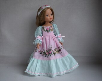 Embroidered dress for doll Effner Little Darling, Paola Reina doll 13 inch. Flower embroidery rose clothes. Mint pink linen dress