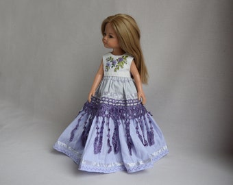 Robe de poupée brodée pour Effner Little Darling, poupée Paola Reina 13 pouces. Robe de broderie de fleurs Beaux vêtements de poupée Gris lilas violet