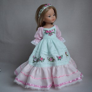 Embroidered dress for doll Effner Little Darling, Paola Reina doll 13 inch. Flower embroidery rose clothes. Mint pink linen dress image 5