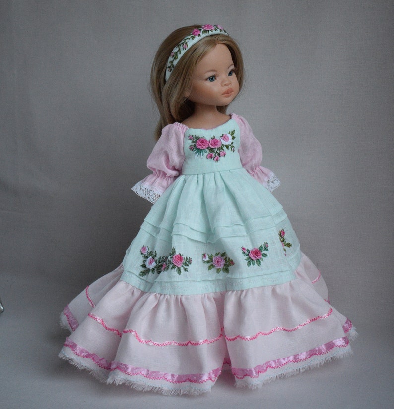 Embroidered dress for doll Effner Little Darling, Paola Reina doll 13 inch. Flower embroidery rose clothes. Mint pink linen dress image 5