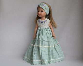 Flower Embroidery linen doll DRESS for Effner Little Darling doll, Paola Reina doll. Natural linen clothes for doll 13 inch. Mint outfit