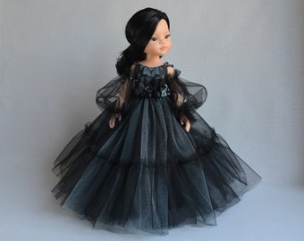 Black doll DRESS for Paola Reina, Effner Little Darling 13". Fluffy lush tulle dress with handmade flower and puffy sleeves, Doll ball gown