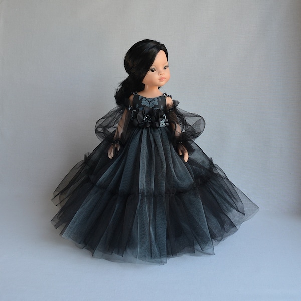 Black doll DRESS for Paola Reina, Effner Little Darling 13". Fluffy lush tulle dress with handmade flower and puffy sleeves, Doll ball gown