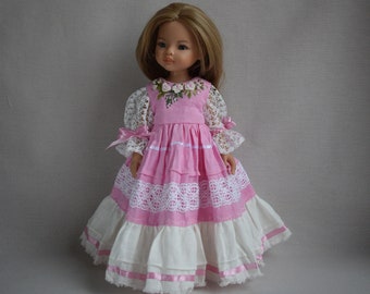 Robe en lin brodé et chemisier en dentelle pour Paola Reina, poupée Effner Little Darling 13 14 pouces. Tenue de vêtements de poupée de collection. Rose blanc