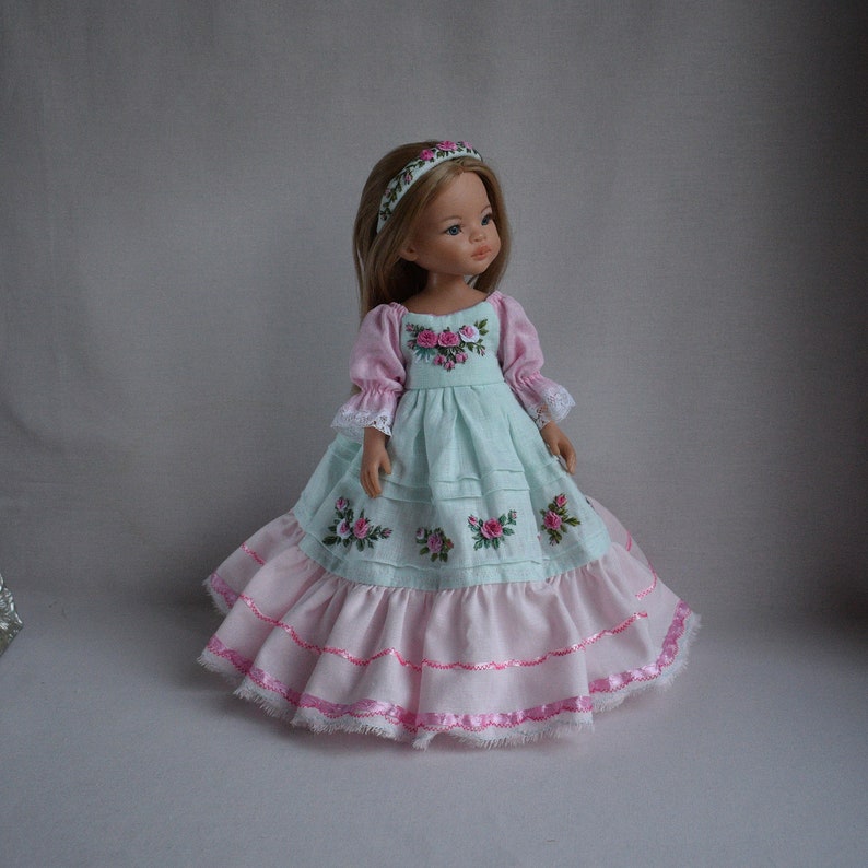 Embroidered dress for doll Effner Little Darling, Paola Reina doll 13 inch. Flower embroidery rose clothes. Mint pink linen dress image 1