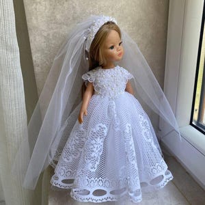 White wedding doll DRESS & VEIL for Paola Reina, Little Darling, Ruby Red. Handmade bridal gown for Bride doll 13 - 14 inch