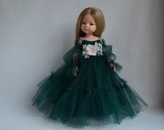 Doll dress for Paola Reina, Effner Little Darling doll. Green dress with handmade flowers and puff sleeves. lothes for similar doll 13 inch