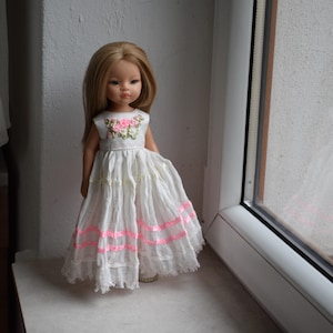 Embroidered dress for Little Darling, Paola Reinal, Ruby Red 13 - 14 inch. White dress doll clothes. Natural linen, hand embroidery